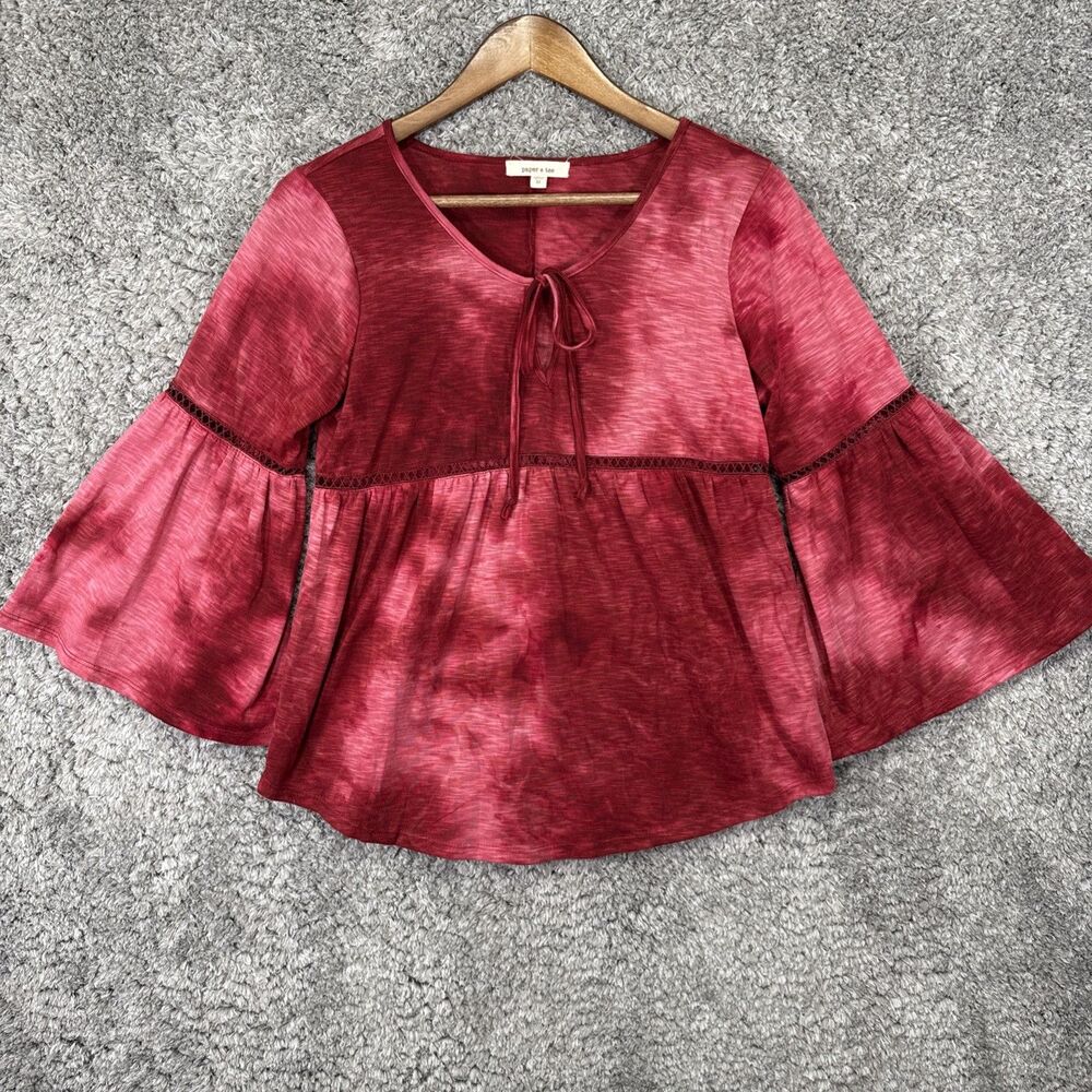 Paper + Tee Girls Blouse Top Size Medium Tie Dye Boho Peasant Red Flare Sleeve